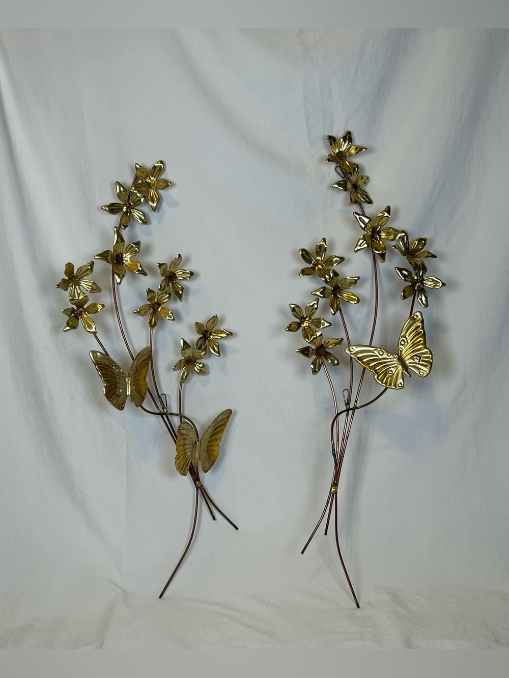 Vintage Set of 2 Homco 26" Brass Gold Tone Metal Butterfly Flower Wall Decor